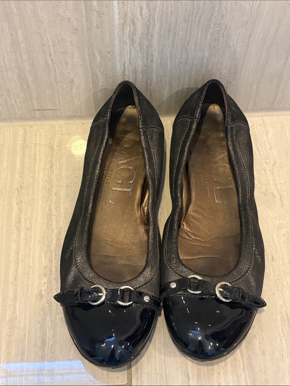 AGL Black Leather & Patent Toe Ballet Flats with Metallic Clips size 41